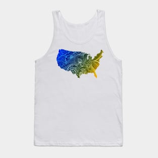 Colorful mandala art map of the United States of America in high contrast dark blue and dark yellow Tank Top